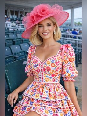 Kentucky Derby Hat Oaks Pink Women's Wide Brim Organza Floral
